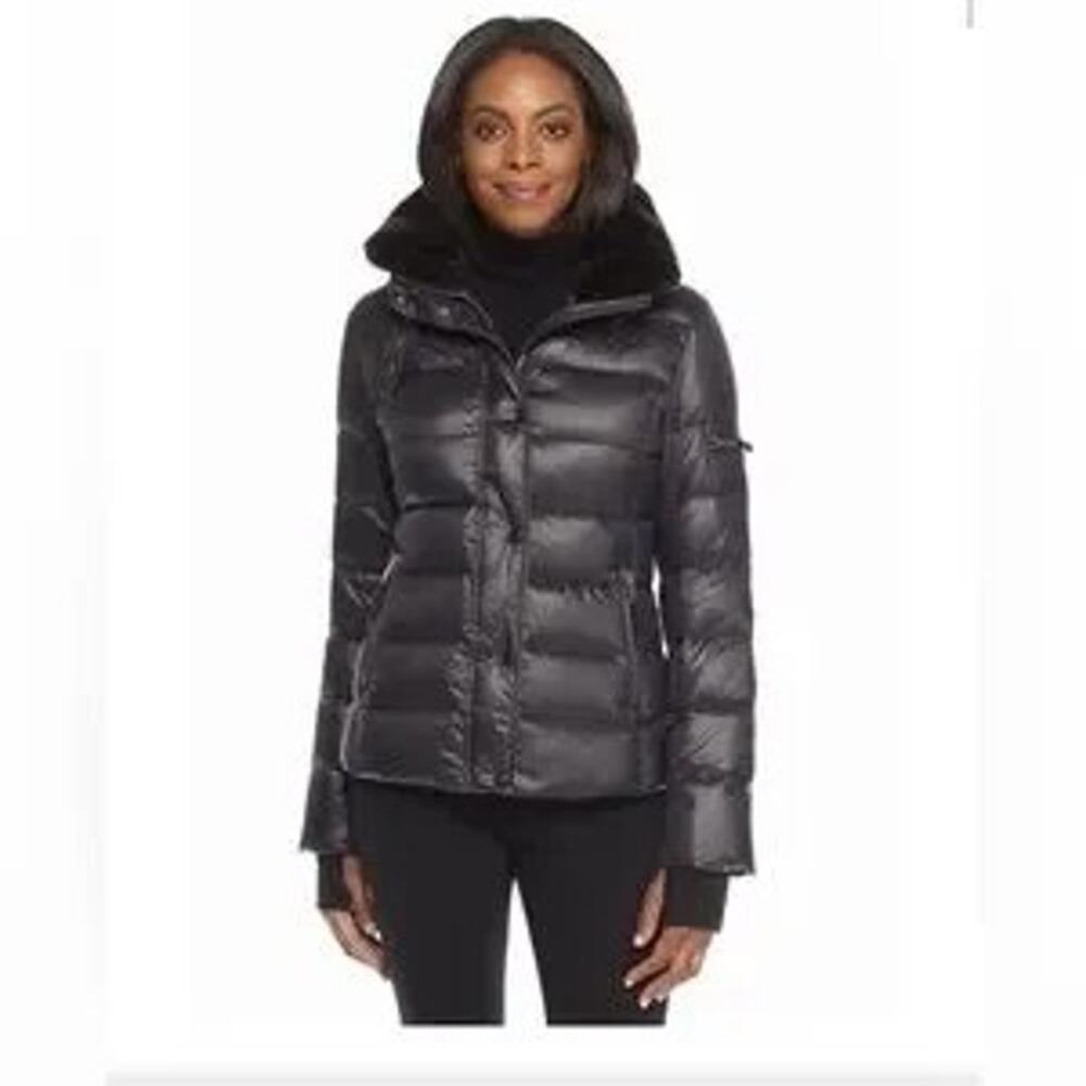 S13/NYC Mercer Black Retractable Hood Faux Fur Trim Down Puffer Coat Jacket S